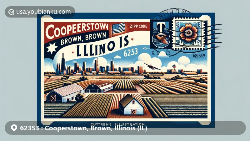 Modern illustration of Cooperstown, Brown County, Illinois, featuring airmail envelope with ZIP code 62353, incorporating Illinois state flag and rural landscapes, stamp with Chicago skyline or Violet, and postmark with current date.