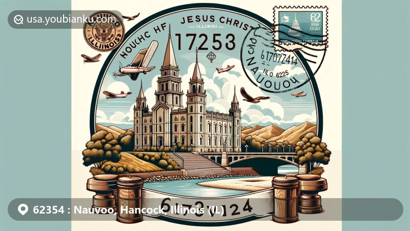 Modern illustration of Nauvoo, Illinois, in Hancock County, featuring ZIP code 62354, blending historical, religious, and postal elements, including Nauvoo Temple and Mississippi River.