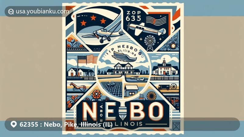 Modern illustration of Nebo, Illinois, highlighting ZIP code 62355, blending picturesque landscapes, the railroad's history, and the Vin Fiz airplane festival, with the Illinois state flag, stamp, and postmark.