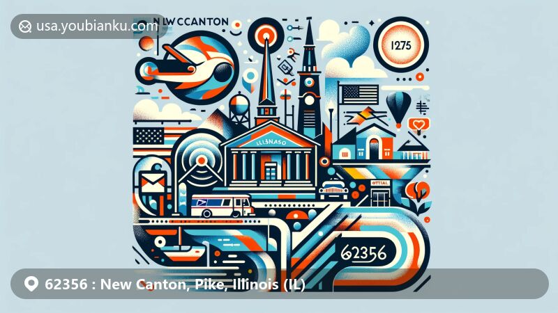 Modern illustration of New Canton, Illinois, featuring postal code 62356 in Pike County, near the Mississippi River, with stylized post office at 140 N Main St and Illinois state flag, incorporating postal elements like vintage stamp design and mail truck.