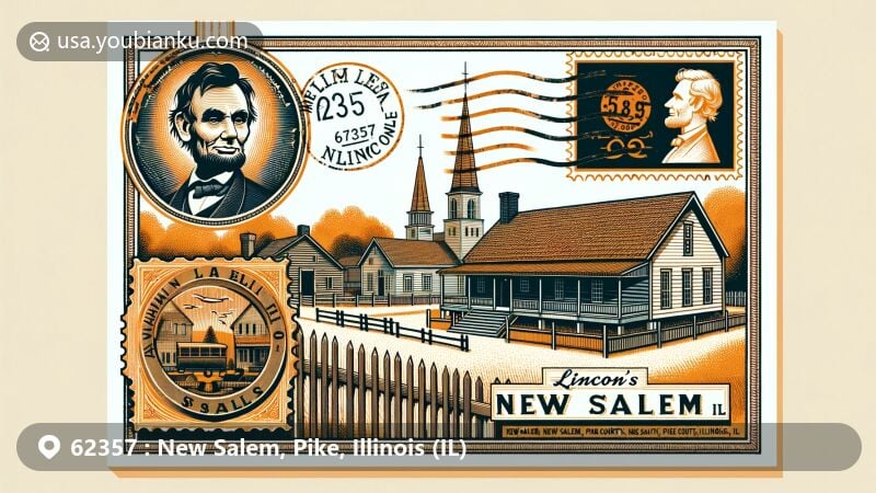 Historical illustration of New Salem, Pike County, Illinois, portraying early 19th-century village with wooden houses and Abraham Lincoln's surroundings, incorporating postal elements like postmark and stamp.