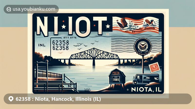 Modern illustration of Niota, Illinois, featuring the Fort Madison Toll Bridge and postal elements like stamps and postmarks, with references to ZIP code 62358 and Niota, IL, and the flag of Illinois.