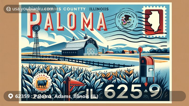 Modern postcard illustration of Paloma, Adams County, Illinois, capturing the essence of rural Illinois with rolling hills, farmland, and a barn silhouette, featuring vintage postal elements and the Illinois state flag.