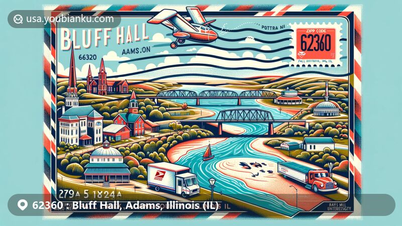 Modern illustration of Bluff Hall, Adams County, Illinois, featuring ZIP code 62360, showcasing postal theme with Mississippi River and Fall Creek, highlighting township's geography and diverse landscape.