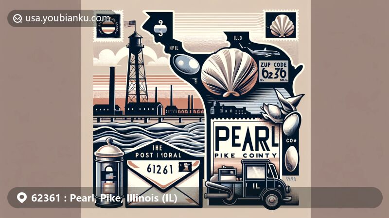 Modern illustration of Pearl, Pike County, Illinois, highlighting postal theme with ZIP code 62361, featuring Illinois River and pearl button production history.