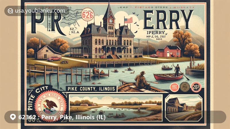 Modern illustration of Perry, Pike County, Illinois, showcasing postal theme with ZIP code 62362, featuring iconic Pike County Courthouse and Great River Road scenery.