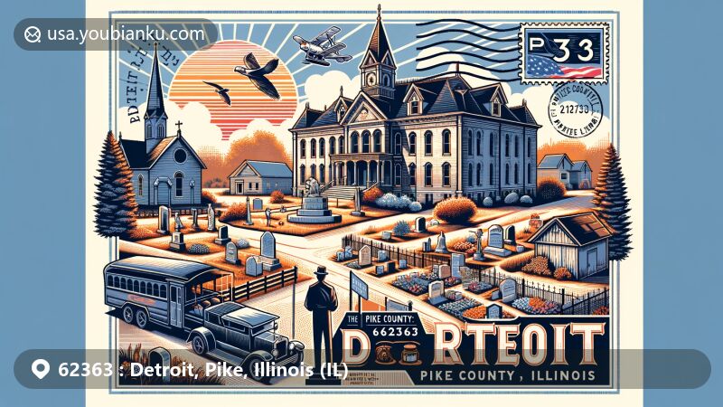 Modern illustration of Detroit, Pike County, Illinois, capturing the essence of ZIP Code 62363 with historical landmarks like Pike County Courthouse and Blue River Cemetery, and symbols of sports heritage from Saukees high school.