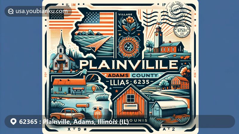 Modern illustration of Plainville, Adams County, Illinois, showcasing postal theme with ZIP code 62365, featuring village charm and rural scenery.