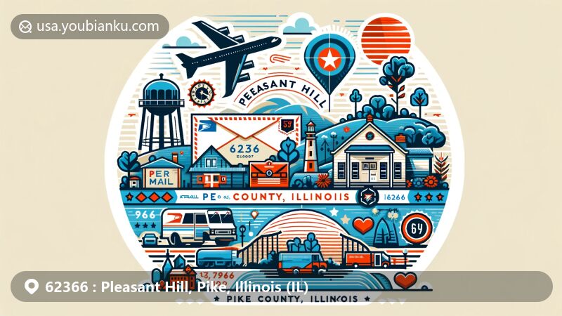 Modern illustration of Pleasant Hill, Pike County, Illinois, blending small village charm with postal elements for ZIP code 62366, featuring landmarks of Pike County Fair and Fourth of July celebration.