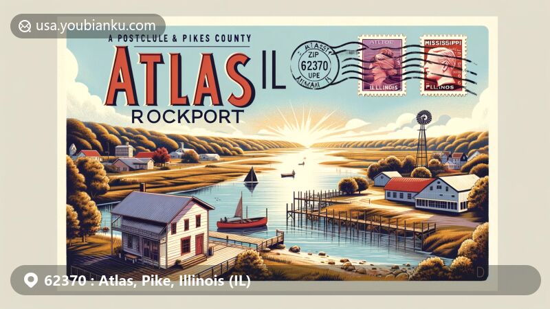 Modern illustration of Atlas and Rockport areas, Pike County, Illinois, featuring postal theme with ZIP code 62370, showcasing rural beauty and Mississippi River.