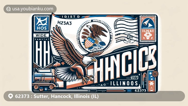 Modern illustration of Sutter, Hancock, Illinois, with a postcard theme showcasing elements from the Illinois state flag, vintage air mail envelope, postage stamps with ZIP Code 62373, and rural landmarks.