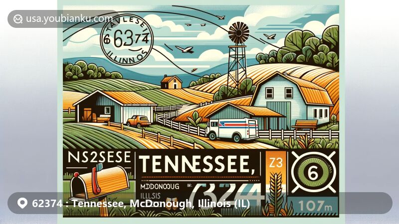 Modern illustration of Tennessee, Illinois, showcasing rural charm and agricultural landscape with fields and farm, symbolizing local economy, incorporating village name and ZIP code 62374 through postal theme.