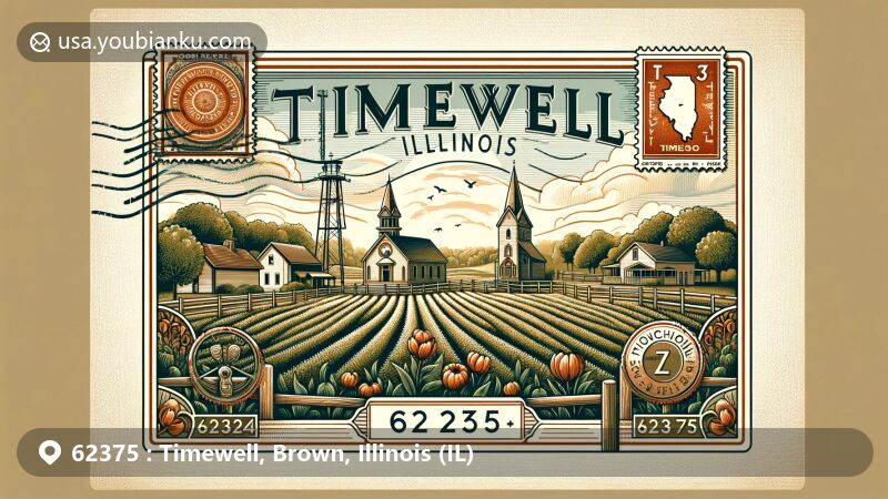 Modern illustration of Timewell, Illinois, showcasing tranquil rural scenery with postal elements including ZIP code 62375, Illinois state outline, postage stamp, and postmark.