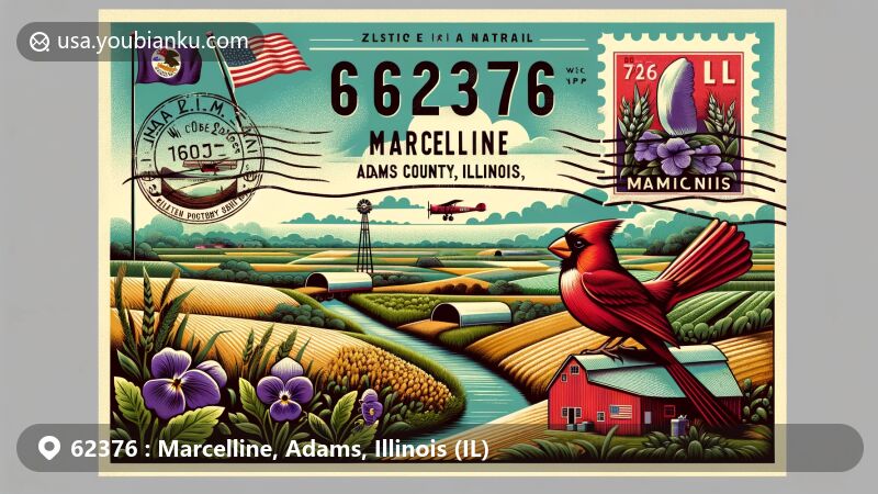 Modern illustration of Marcelline, Adams, Illinois, showcasing postal theme with ZIP code 62376, featuring vintage air mail envelope against rural and agricultural landscapes with fields and a creek. Envelope displays postal stamp of Northern Cardinal, Illinois state bird, and postmark 'Marcelline, IL 62376', incorporating Illinois state flag, Northern Cardinal, and Purple Violet.