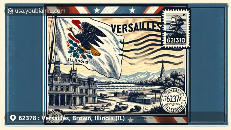 Modern illustration of Versailles, Brown County, Illinois, merging postal themes with symbolic landscapes and the state flag, featuring postal elements like stamps and postmarks.