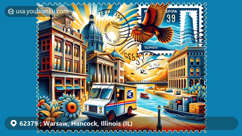Modern illustration of Warsaw, Hancock County, Illinois, blending unique elements with postal theme, featuring Greek Revival, Federal, and Italianate architecture in historic district, showcasing rich history and architectural heritage. Foreground includes traditional mail envelope with Mississippi River stamp, symbolizing town's geographical importance, prominently displaying ZIP code '62379'. Depiction of Mississippi River highlights its significance as fur trade post and military outpost in early Warsaw. Scene also includes postal delivery truck representing modern postal service, with Illinois flag flying, connecting state identity with local setting. Ideal for web use, ensuring balanced elements and eye-catching composition.