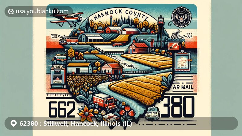 Illustration of Stillwell and West Point, Hancock County, Illinois, highlighting rural community spirit and postal theme, with vintage postcard elements and county map outline.