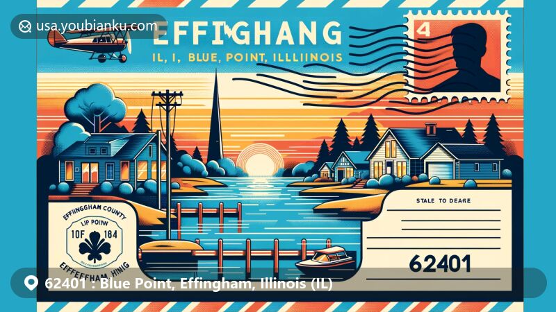 Contemporary illustration of Blue Point, Effingham County, Illinois, highlighting Lake Sara as a key landmark, with postal theme and ZIP code 62401, featuring a postage stamp, postmark 'Effingham, IL 62401,' and air mail border.