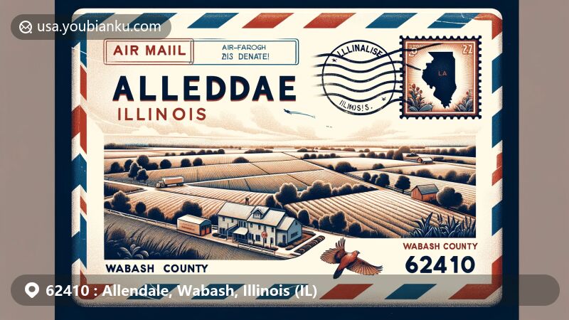 Modern illustration of Allendale, Wabash County, Illinois, merging postal theme with local beauty, featuring ZIP Code 62410, air mail envelope format, and iconic postal symbols.