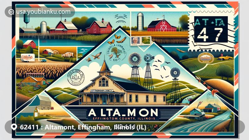 Modern illustration of Altamont, Effingham County, Illinois, featuring postal theme with ZIP code 62411, showcasing landmarks like Effingham County Fairgrounds, Dr. Charles M. Wright House, and Ballard Nature Center.