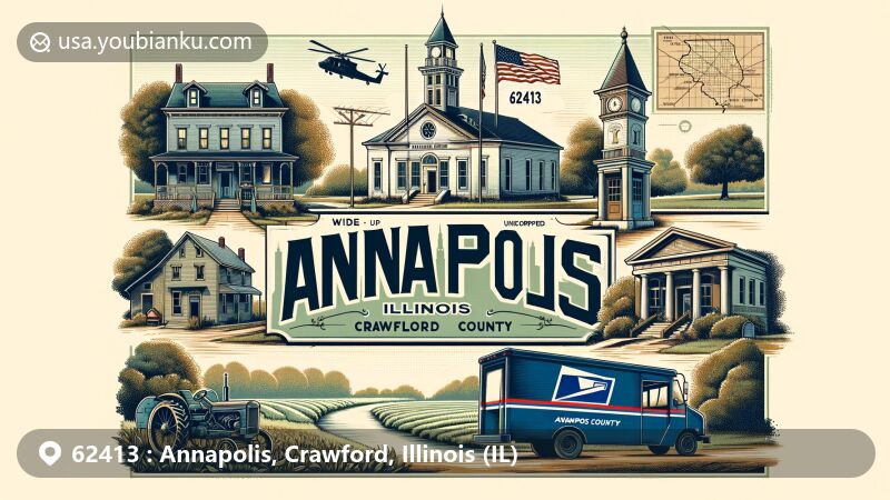 Modern illustration of Annapolis, Illinois, highlighting small-town charm and postal elements with ZIP code 62413, showcasing historic buildings, lush greenery, vintage post office, mailbox, postal delivery vehicle, Illinois state flag, and Crawford County map outline.
