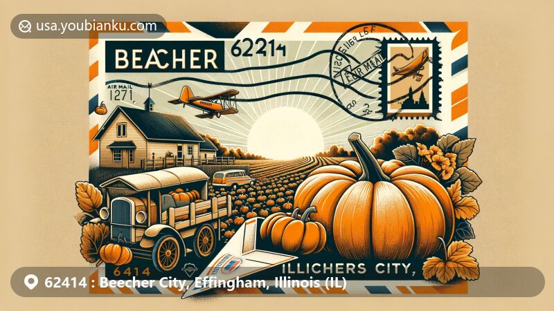 Modern illustration of Beecher City, Effingham County, Illinois, showcasing Schaefer Pumpkin Patch against vintage air mail envelope with ZIP code 62414, incorporating Illinois state symbols and autumnal color scheme.