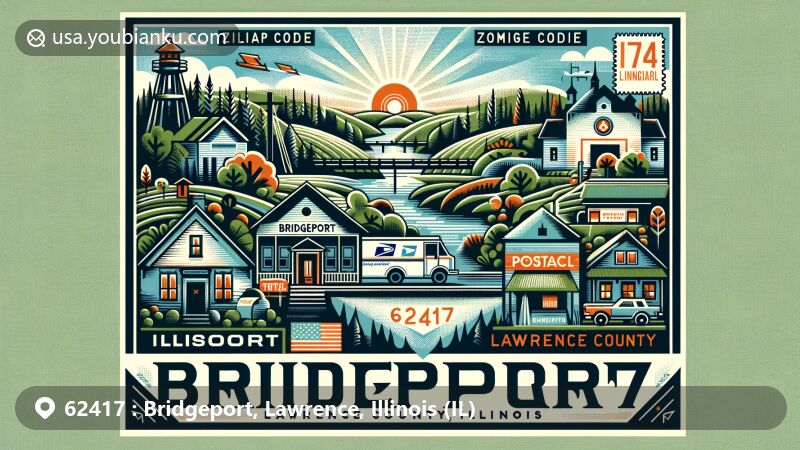Modern illustration of Bridgeport, Lawrence County, Illinois, with ZIP code 62417, blending postal elements with regional charm, featuring rolling hills, woods, creeks, and vintage postal symbols.