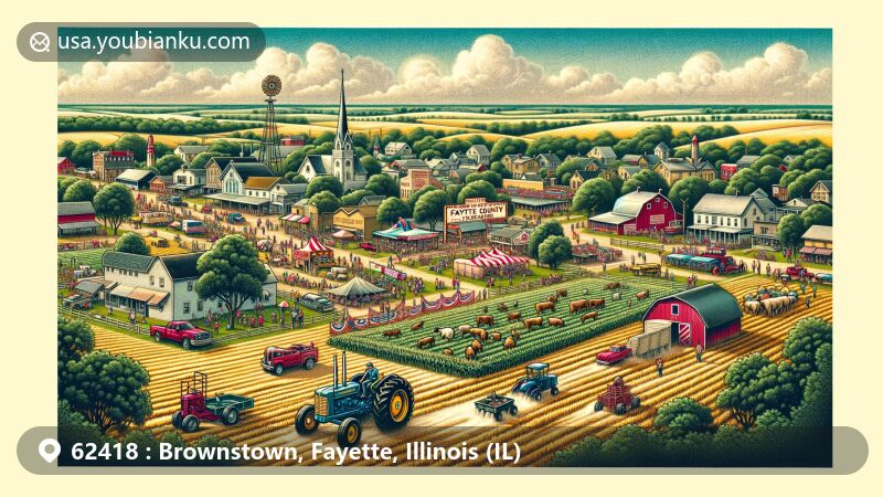 Modern illustration of Brownstown, Fayette County, Illinois, highlighting ZIP code 62418, showcasing Fayette County Fair with livestock shows, culinary exhibits, tractor pulls, and stock car races, set against Illinois' farmlands and sky, featuring village's population of 690, white single-family homes, and traditional values, with postal motifs of '62418' ZIP code stamps, postal mark, red mailbox, and vintage postal truck.