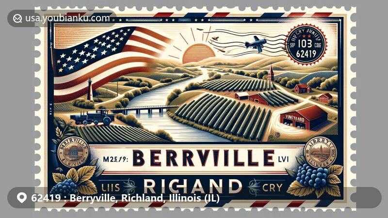 Modern illustration of Berryville, Richland County, Illinois, highlighting community life near Bonpas Creek and Berryville Vineyards, with a postal theme featuring vintage air mail envelope and Illinois state symbols.