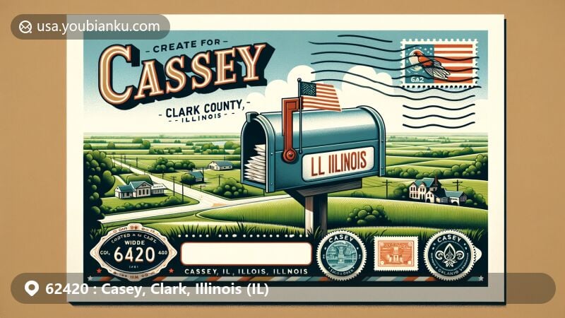 Modern illustration of Casey, Clark County, Illinois (IL), showcasing postal theme with ZIP code 62420, featuring the World's Largest Mailbox and Illinois state symbols.