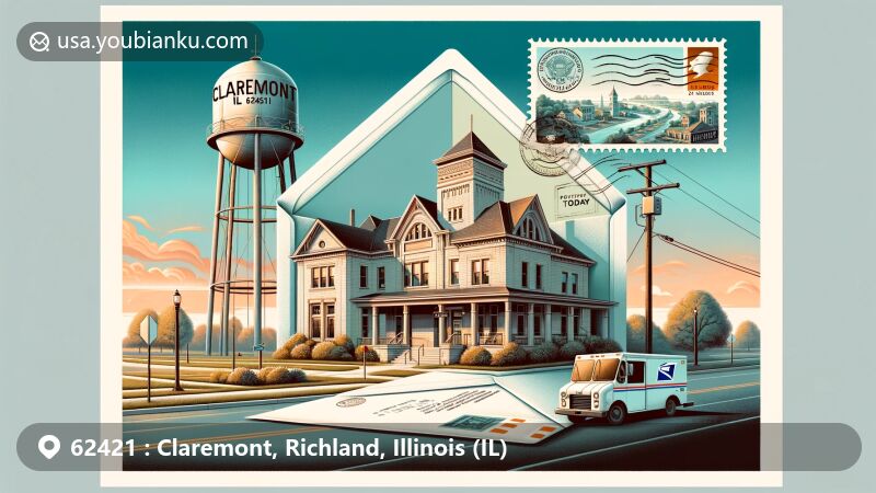 Modern illustration of Claremont, Richland, Illinois, presenting a postal theme with ZIP code 62421, featuring iconic post office, water tower, and postal truck.