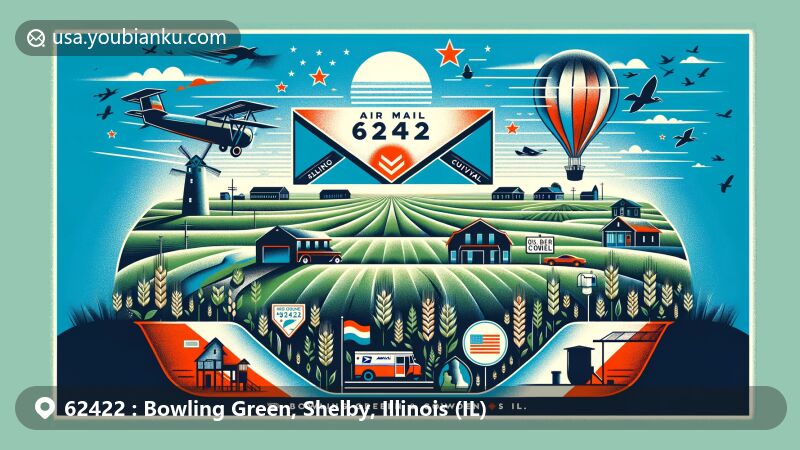 Modern illustration of Bowling Green and Cowden, Shelby County, Illinois, featuring Midwestern farmlands, small-town buildings, air mail envelope with Illinois elements, '62422' ZIP Code, postal icons, and wheat sheaves.