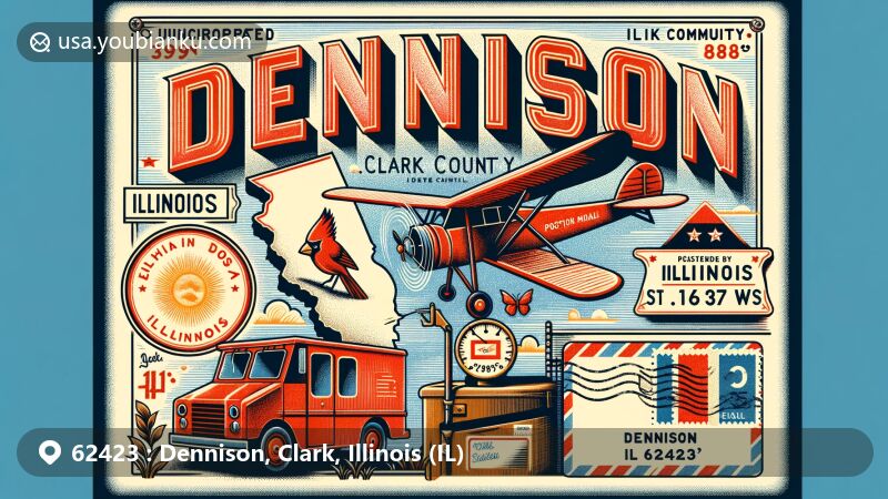 Modern illustration of Dennison, Clark County, Illinois, showcasing postal theme with coordinates: 62423, featuring Illinois Route 1, Interstate 70, and the Northern Cardinal state symbol.