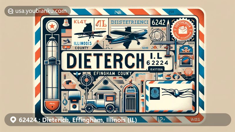 Modern illustration of Dieterich, Effingham County, Illinois, featuring postal theme with ZIP code 62424, integrating Illinois state outline, Effingham County outline, and significant landmarks of Dieterich.
