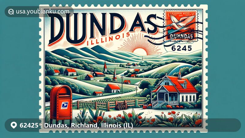 Postcard design representing Dundas, Illinois countryside with postal theme including 'Dundas, IL 62425' stamp, postal mark, and red mailbox.