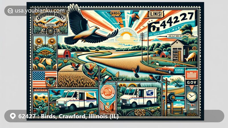 Modern illustration of Birds and Flat Rock, Crawford County, Illinois, focusing on postal theme with ZIP code 62427, featuring local flora and fauna, Illinois state flag, and rural elements.