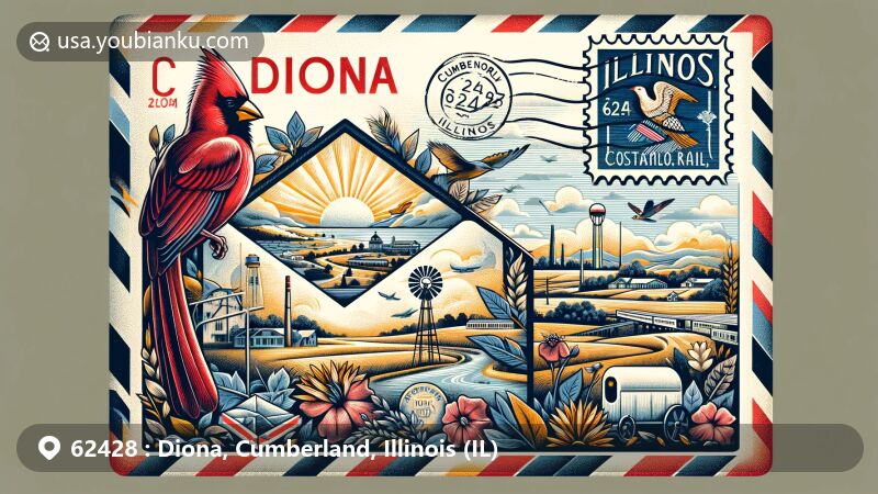 Modern illustration of Diona, Cumberland, Illinois, showcasing postal theme with ZIP code 62428, featuring Illinois state flag, Northern Cardinal, Violet flower, vintage air mail envelope, and rural scenery of Diona near Illinois Route 130.