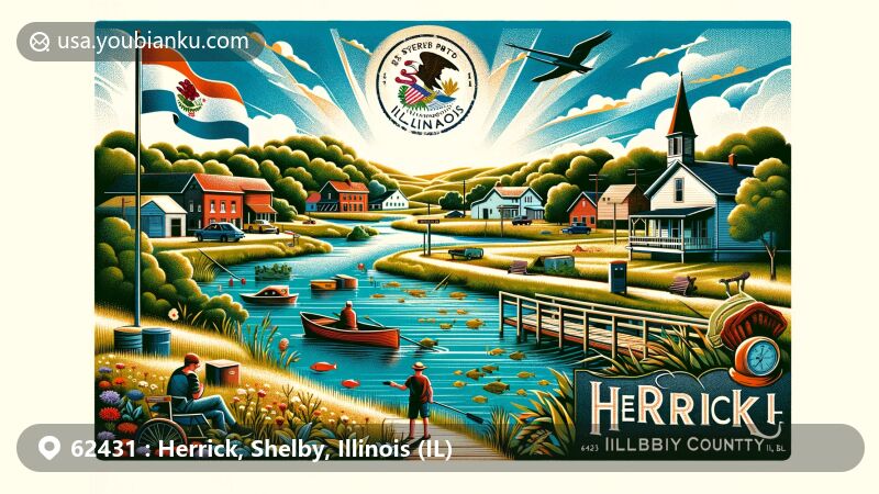 Modern illustration of Herrick, Shelby County, Illinois, capturing serene rural charm and close-knit community spirit, featuring outdoor activities like fishing and hiking, along with Illinois state symbols and vintage postal design.