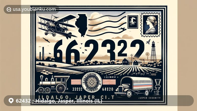 Modern illustration of Hidalgo, Jasper County, Illinois, highlighting postal theme with ZIP code 62432, featuring state symbols and rural scenery.