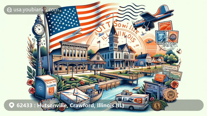 Modern illustration of Hutsonville, Illinois, in a postal theme, featuring Wabash River and Illinois state flag, with vintage airmail elements and postmark 'Hutsonville, IL 62433'