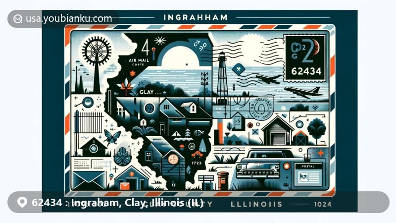 Modern illustration of Ingraham, Clay County, Illinois, featuring ZIP code 62434 with creative postcard design showcasing unique geographical and postal elements.