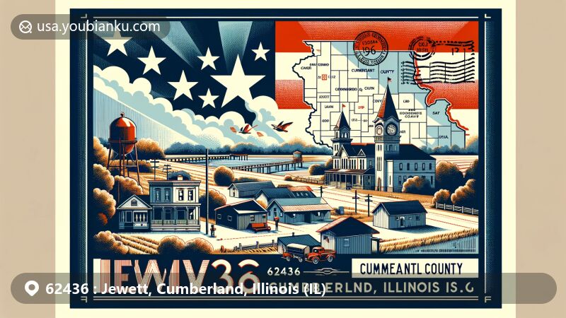 Modern illustration of Jewett, Cumberland County, Illinois, showcasing postal theme with ZIP code 62436, featuring elements of Illinois state flag and Cumberland County map.