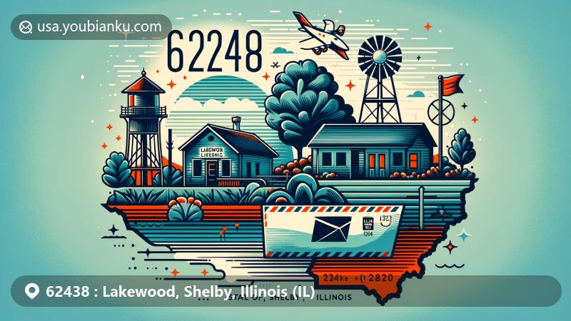 Artistic representation of Lakewood, Shelby County, Illinois, blending natural beauty, rural charm, and postal theme with ZIP code 62438, featuring Illinois state silhouette, Shelby County outline, and symbolic mailbox.