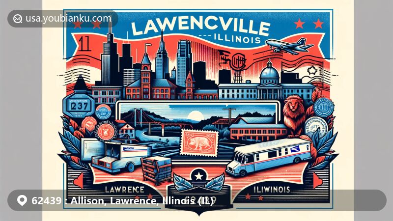 Modern illustration of Allison, Lawrence, Illinois, blending cityscape of Lawrenceville, outline of Lawrence County, and postal elements, featuring Illinois state flag and ZIP code 62439.