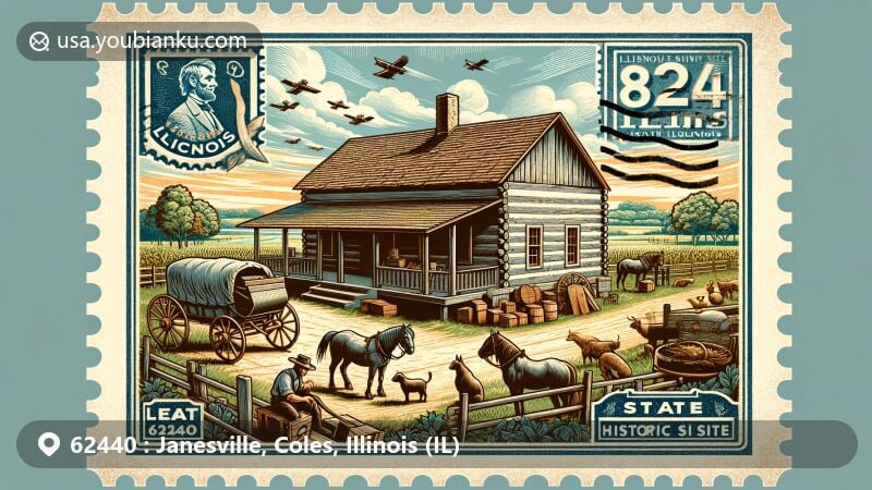 Modern illustration of Lerna, Illinois, showcasing Lincoln Log Cabin State Historic Site from the 1840s rural Illinois, featuring 19th-century farmstead with animals, fields, and daily life scenes, framed in vintage postage style with ZIP code 62440.