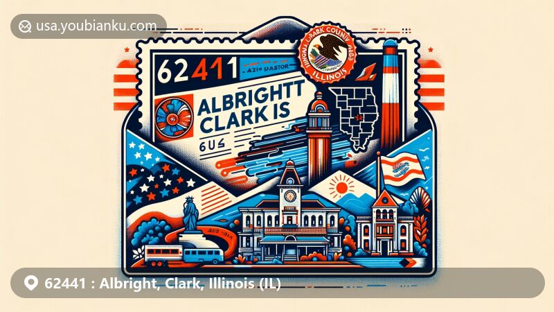 Creative and modern illustration of Albright, Clark County, Illinois, featuring a wide-format postcard design with Illinois state flag, Clark County outline, Archer House, Lincoln Trail State Park, and postal elements, showcasing ZIP code 62441.