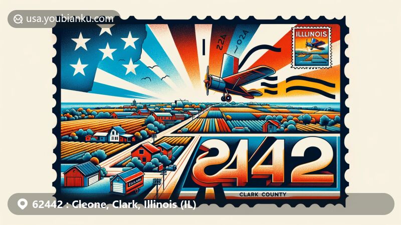 Modern illustration of Cleone, Clark County, Illinois, highlighting postal theme with ZIP code 62442, featuring rural landscape, Illinois state flag, farmlands, small-town streets, and Clark County outline.