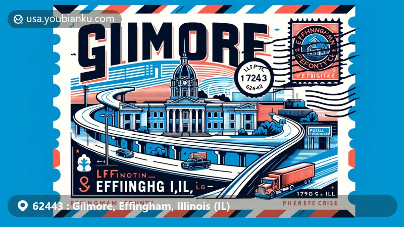 Creative illustration of Gilmore, Effingham County, Illinois, featuring postal theme with key transport routes and cultural landmarks like Effingham Performance Center.