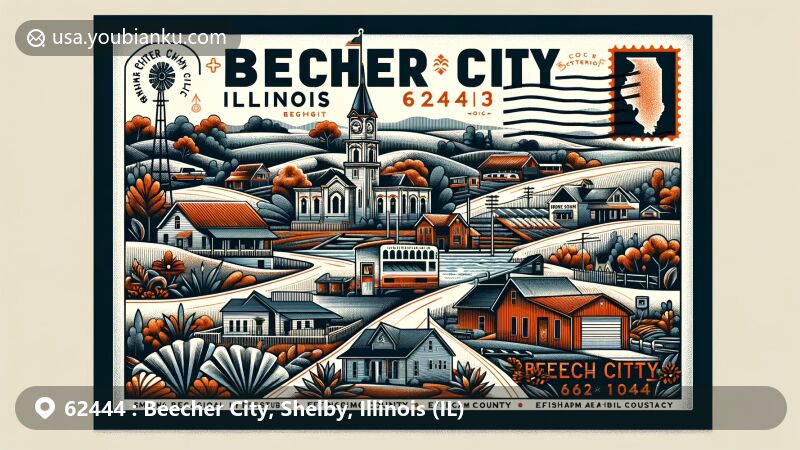 Modern illustration of Beecher City, Illinois, showcasing postal theme with ZIP code 62444, featuring Effingham County elements and small town charm.
