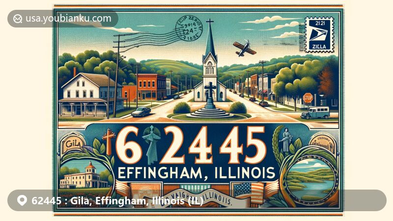 Modern illustration of Gila District in Effingham, Illinois, with iconic Cross at the Crossroads, hinting at natural and cultural heritage of Illinois, integrated with vintage postal elements and prominent display of ZIP code 62445.